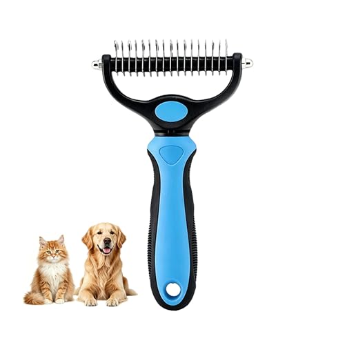 Dematting Comb for Dogs and Cats Undercoat Rake Pet Brush for Long Hair Deshedding Dog Brush Removes Tangles Knots and Loose Fur Grooming Tool for Thick Coats (Blue L)