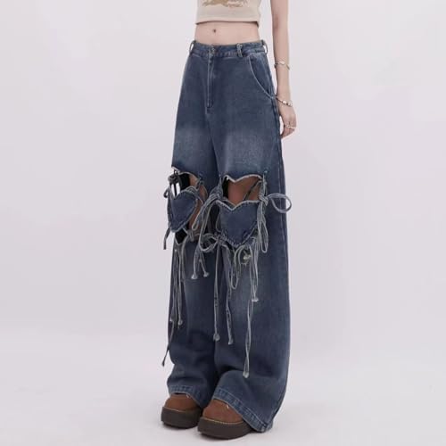 Y2k Heart Hollow Out Design Bowknot Strap Jeans Kawaii Preppy Loose Fit Denim Pants Grunge Hiphop Streetwear2