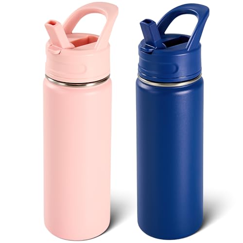 Fijinhom 2 Pack 18oz Insulated Stainless Steel Water Bottle with Straws Double Wall Vacuum Insulated Bottles Metal Thermo for Travel Sports Leak-Proof BPA Free Women & Men Pink&Blue