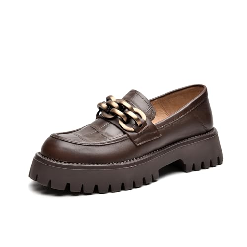Image of BEAU TODAY Chunky Loafers Women,Leather Platform Loafers for Women,Lug Sole Slip On Chain Shoes,Comfortable Work Office Business Casual Office Dress Shoes