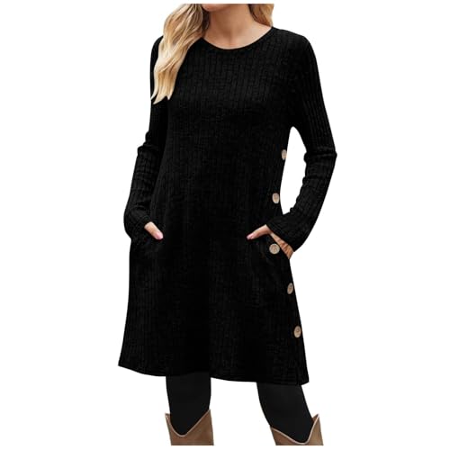 Women's Crew Neck Long Sleeve Fall Dress Button Casual Ribbed