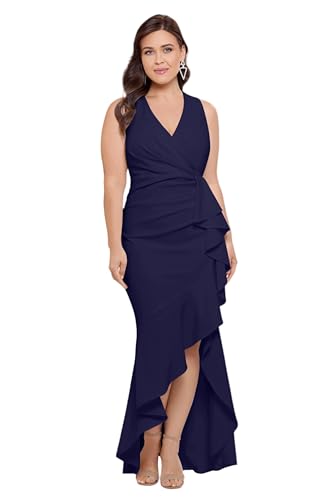Image of Betsy & Adam Women's V-Neck Hi Low Sleeveless Floor Length Cascade Dress with Draped Ruffle