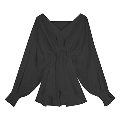 Women's Casual Puff Long Sleeve Tunic Tops V-Neck Pleated Flare Blouse T-Shirts Ruffle Chiffon Shirts with Smocked Cuffs