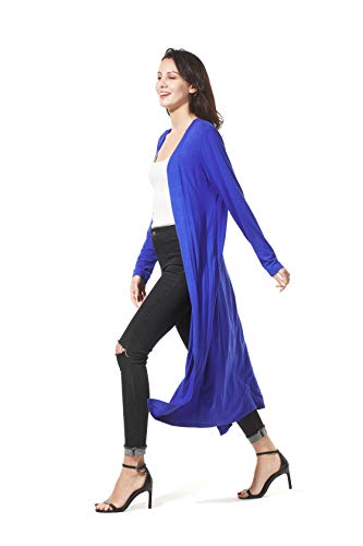 Image of Women's Solid Sweater Essential Duster Long Cascading Open Front Lightweight Blue Cardigan