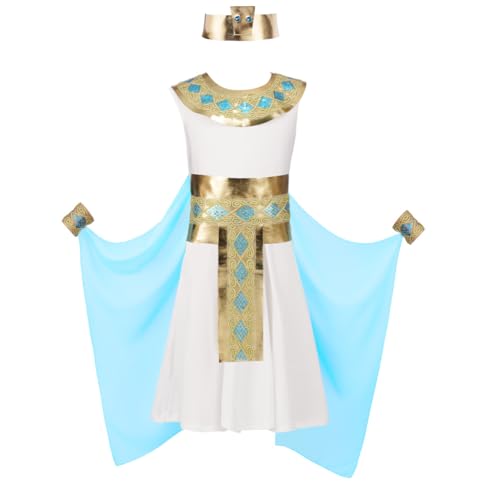 DiULi Disfraces Niños Cleopatra, Disfraces de Reina Egipcia para Niñas con Capa y Cinturón, Vestido Egipcia Faraona Niña para Cosplay, Halloween, Carnaval y Fiestas de Cumpleaños (Blanco Azul-140)