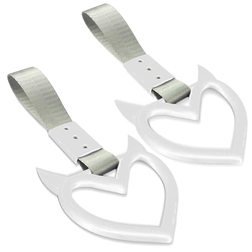 Image of 2PCS Heart shaped Car Handle Straps, Heart Car Accessories, Ring Hearts Shaped Cars Hand Strap Drift Charm, Universal Handle Keychains Accessory Suitable for Cars Bus (White+silver)