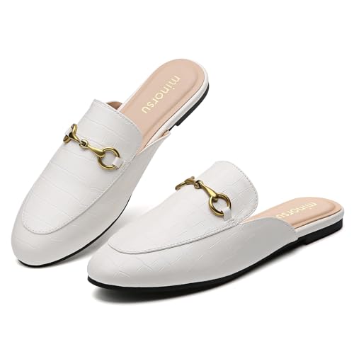 Image of Minorsu Buckle Mules for Women Flats Loafers Shoes for Work Office Business | Slip on,Round Toe,Backless,Slides, Casual