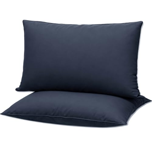 Image of Flat Ultra Thin Bed Pillows Standard Size Pillow Set of 2 Extra Soft Down Alternative for Stomach Back Sleeper Dark Blue 20x26inches