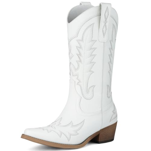 Image of Rivalran Cowboy Boots for Women - Cowgirl Boots with Embroidery, Chunky Heel Pointed Toe Pull-on Vintage Western Mid Calf Fashion Boots for Ladies