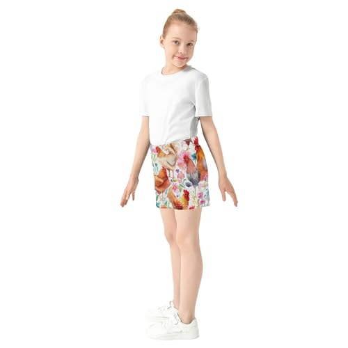 Girls Athletic Shorts Colorful Chickens Vibrant Flowers Print Comfy Summer Pajama Activewear Youth Teens, X-Small4