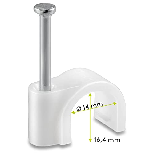 100x Kabelschelle | 14 mm | Nagelschelle Kabelklemme Kabelhalter Haftclips mit eingestecktem Nagel | Höhe: 16,4 mm | Weiß | 100 Stück
