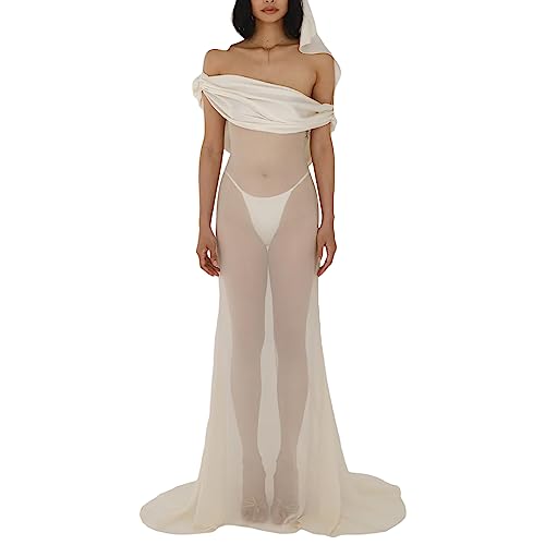 Womens See Throgh Dress Sexy Elegant Mesh Split Dresses Nightwear Beach Cover Up Holiday Holiday Sun Dress Photography (HAC White, S)