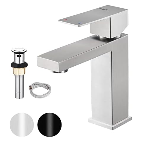 KUZOR 1 or 3 Hole Single Handle Bathroom Faucets Brushed Nickel Bathroom Sink Faucet with Metal Pop Up Drain Assembly 304 Stainless Steel Square Faucet for Bathroom Sink with Optional Deck Plate Cover