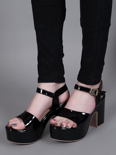 Image of Women's Platform Heels Signora101|Chunky Flared High Heel Sandals |Glossy Open Toe with Ankle Strap Signora101
