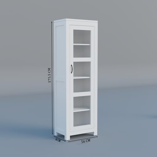 Image of Solid Sheesham Wood Deco White Book Shelf, Showcase Glass Door Crockery Storage Unit Or Bookcase, 6-Shelf Wooden Book Rack, Display Cabinet Furniture for Home, Kitchen & Library Areas