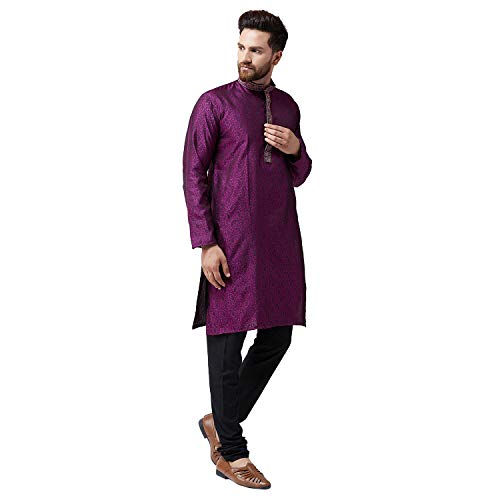 Image of SOJANYA (Since 1958 Mens Maroon Jacquard Silk Kurta and Black Churidaar Pyjama Set