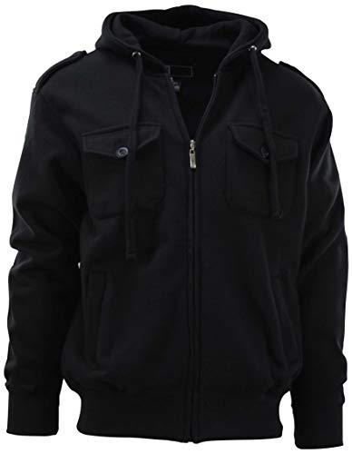 Mens Premium Soft and Durable Round Neck Pullover and Zip-Up Hoodies (L, Zipper-Pocket-Black)