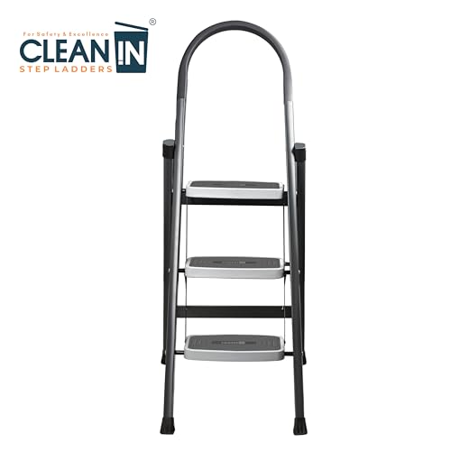 Image of CLEAN IN 3 Step Premium Foldable Household Steel Ladder ~ for Home, Garage, Kitchen. Wide & Anti-Skid Steps, 150 kg Load Capacity, Reinforced Hinges ~ (Shades of Grey)