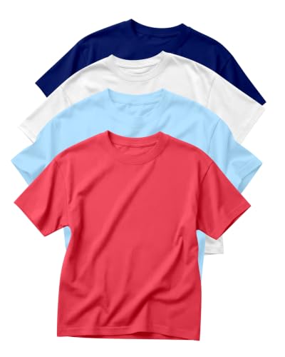 Oakgarden 4 Pack Toddler Short Sleeve T-Shirts Boys Girls Oversized Crew Neck Basic Undershirts Tops Casual Loose Fit Tees(5 T,Navy Blue, White, Light Blue, Watermelon Red)