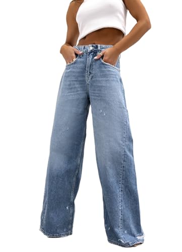 Womens High Waist Bell Bottom Jeans Stretchy Baggy Straight Wide Leg Boyfriend Denim Pants Distressed Blue Jeans