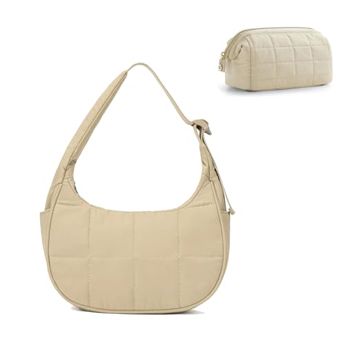 Image of Small Puffer Bag, Crescent Shoulder Bag for Women,Nylon Quilted Tote Handbags with Adjustable Strap (Khaki+ Cosmetic Bag)