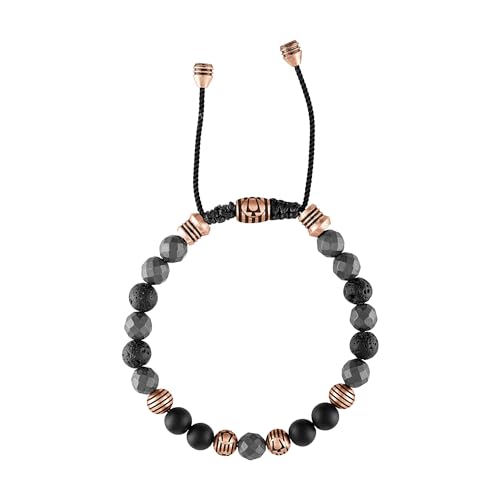 Bulova Jewelry Men's Latin Grammy Semi-Precious Beaded Bolo Bracelet, Black Onyx, Hematite Spheres, Black Lava, Rose Tone Stainless Steel, Sliding Clasp, 8MM Beads Style:BVB1072-RSTBKOXHE
