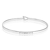 SM Inspirational Positive Message Engraved Thin Cuff Bangle Bracelets for Women (IT IS WHAT IT IS - Silver)