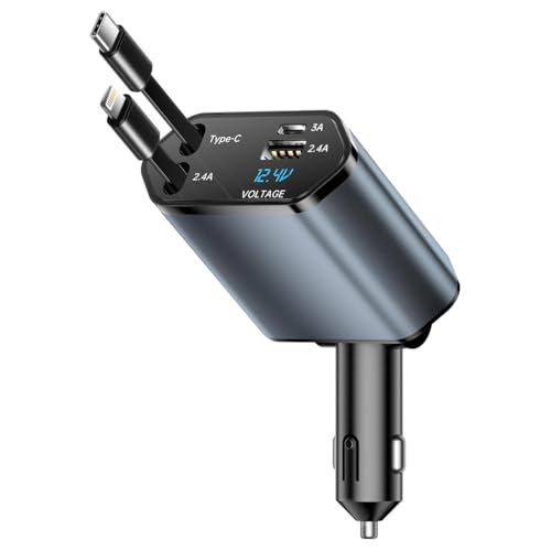 Image of STHIRA Retractable Car Charger Type C 120W 4 Ports Adapter Voltage Display USB Fast Charging Car Charger Fast Charging 120W