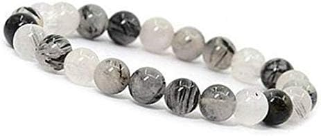 Crystal Agate Bracelets - Manifestation Bracelet - Natural Black Rutile Beaded Stretch Bracelet 8mm - Unisex Adult Yoga Bracelet - White-Black