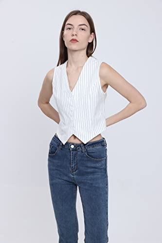 Sigrteyh Pinstripe Y2K Vests For Women Cropped Button Front Causal Sleeveless Waistcoat Suit Vest Top (Medium,White) #TOP1