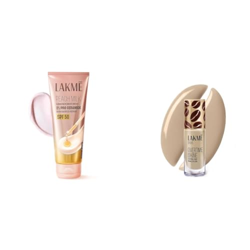 Image of Lakme Peach Milk Sunscreen Moisturiser SPF 50 PA with 2% Pro-Ceramides Peptides Lakme 9 to 5 Overtime Shine Nail Polish - Coffee Edit - 02 -Flat White Fantasy 6ml