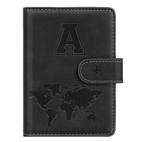 Initial A Passport Holder Cover Personalized Letter A-Z Travel Wallet RFID Blocking Passport Cover Credit Card Holder Case Passport Book Holders for Women and Men, Black-A