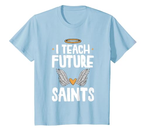 I Teach Future Saints Catholic Educator Teacher T-Shirt, Youth, Baby Blue, Medium
