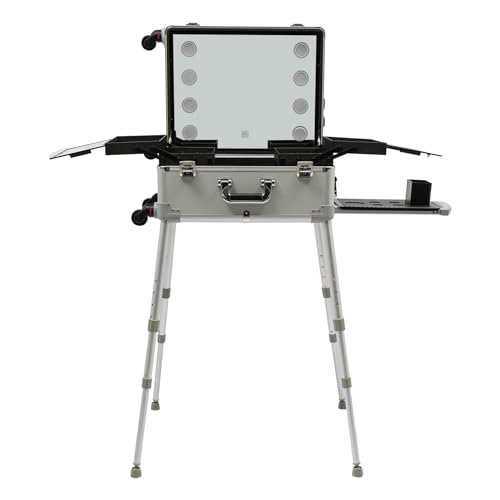 Rolling Makeup Train Case, Aluminum Alloy Trolley Makeup Organizer, Professional Cosmetology Case On Wheels, Makeup Station w/ Lighted Mirror, Make Up Box Travel Vanity Station For Hairdresser