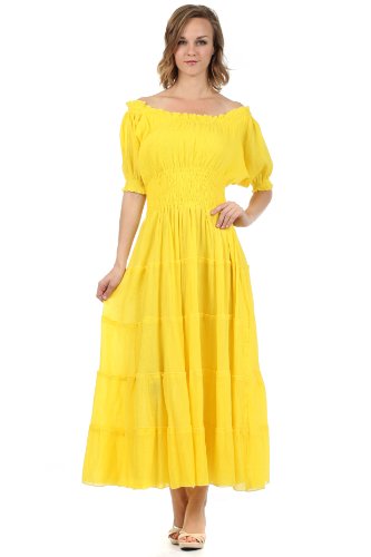 Image of Sakkas Cotton Crepe Smocked Peasant Gypsy Boho Renaissance Mid Length Dress