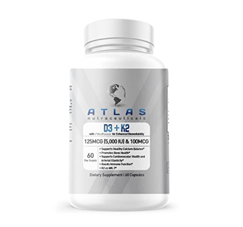 Atlas Nutraceuticals-Vitamin D3+K2- Vitamin D3 5000IU Plus K2, 2 in 1 Formula, MK7 Vitamin K2, 60 Capsules, Immune Vitamin Complex