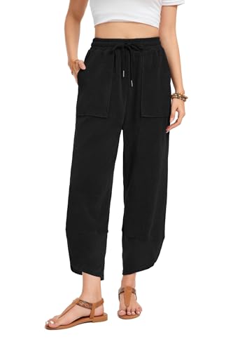 Timuspo Pantalon en tissu pour femme - Pantalon sarouel ample - Jambes larges - Taille élastique - Pantalon Palazzo avec poches - Yoga Lounge - Vacances - Vie...