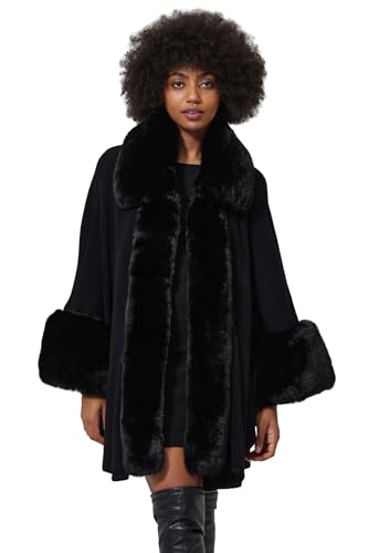 Women Poncho Cape Shawl Wrap Open Front Winter Faux Fur Trim Coat With Hooks Cardigan Dressy Cloak Tops