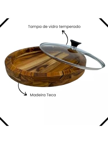 Gamela Em Madeira Teca para Churrasco Redonda com Tampa de Vidro - Le Requena