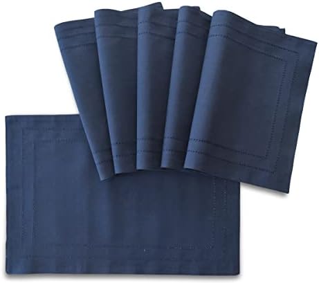 Set of 6 Hemstitch Navy Blue Placemats 13x18, Cloth Placemats, Cotton Machine Washable Durable Table Mats, Heat Resistant Placemat Wrinkle Free Place Mats for Dining Table, Easy to Clean (Navy Blue)