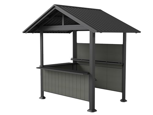 Image of 9x10FT Hardtop Grill Gazebo, Lean to Outdoor BBQ Shelter with Galvanized Steel Slanted Roof, Permanent Metal Grilling Station with Storage Shelves & Bar Platform for Patio (Brown, 9.4x6.2FT)
