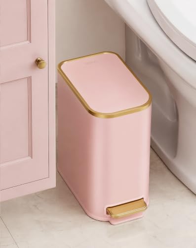 Image of Cesun Small Bathroom Trash Can with Gold Grimmed Lid & Pedal, 1.3Gal, Pink