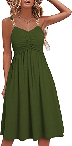 Soesdemo Summer Dresses for Women Sleeveless V Neck Spaghetti Strap A Line 2023 Fashion Sundresses Casual Green Dress with Pockets for Wedding/Graduation/Spring/Beach