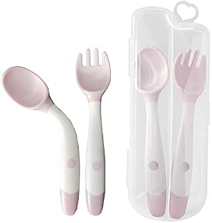 Tomedeks 2pcs Infant Feeding Training Spoon and Fork Cutlery,Baby Utensils Spoon and Fork Set,Children Easy to Hold, Heat-Resistant and Flexible Learning Spoon and ForkPink)