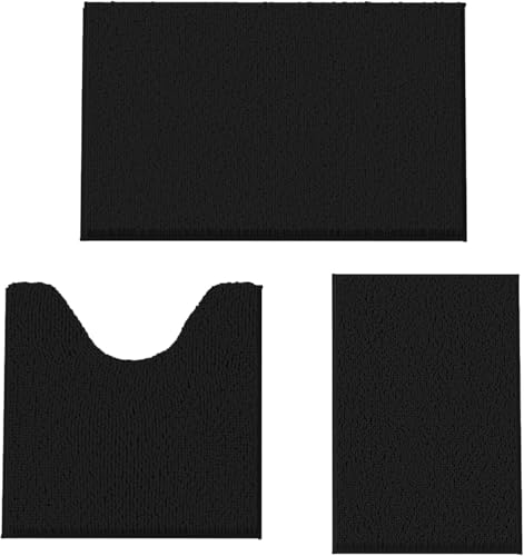 COMPOLICY Badvorleger Set 3-Teilig-Weiches Badematten Set mit Rutschfester, Chenille Saugfähige Badteppiche Sets für Badezimmer, Toilette und Dusche-Maschinenwaschbar (Schwarz​)