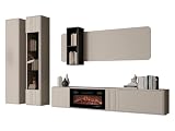 Mirjan24 Wohnwand Poksin VIII, Modernes Wohnzimmer-Set, TV-Lowboard mit elektrischem Kamin, Hängeschrank, Vitrine, Anbauwand (Cashmere/Schwarz)