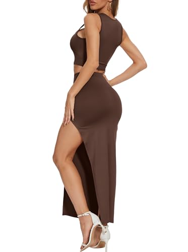 Image of ELLEVEN Two Piece Skirt Sets for Women Going Out Outfits | High Stretch,Beach Outfits ,Lightweight Slim Fit, Knit Tops, Side Split Maxi Skirt Set,Date Night Outfits, Bodycon Dress