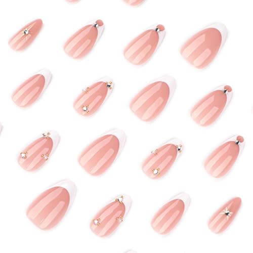 Image of White Press on Nails French Tip Fake Nails with Rhinestone Design Star Nail Press ons Medium Almond Stick on Nail Glossy Full Cover for Women Manicure 24Pcs