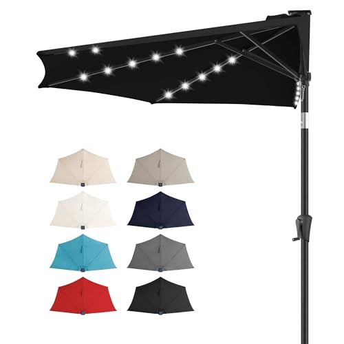 FLAME&SHADE 9 FT Solar Half Patio Umbrella with 25 LED Lights Half Outdoor Umbrella with Button Tilt Half Round Table Umbrella For Deck Backyard Balconies Decks Rvs UV Protection (Black)