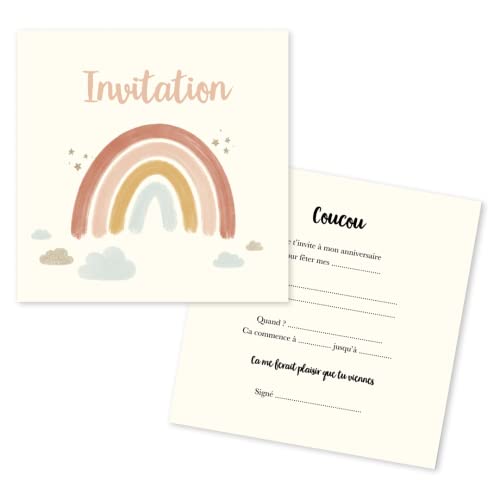 popcarte 16 Cartes d'invitation Anniversaire Fille • Thème Arc-en-ciel • 16 Enveloppes Blanches • 14x14 cm